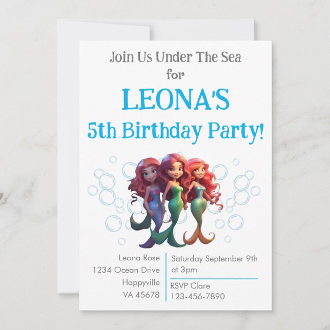 Invitación de cumpleaños de Sirena editable Niños  (Anverso)