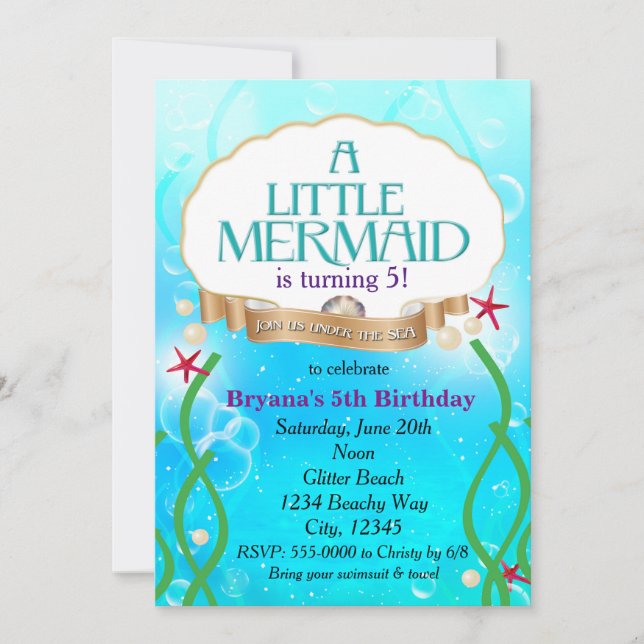 Invitación de cumpleaños de sirena en la playa baj (Anverso)