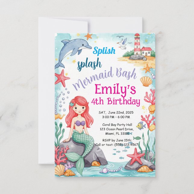 Invitación de cumpleaños de sirena estilo acuarela (Anverso)