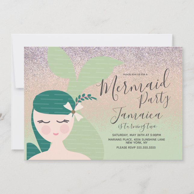 Invitación de cumpleaños de sirena falsa brillo Pr (Anverso)