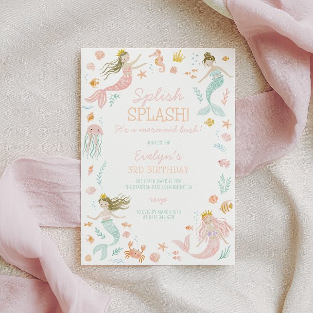 Invitación de cumpleaños de sirena Fiesta de cumpl (Splish splash! It's a mermaid bash! Girls mermaid birthday invitation)