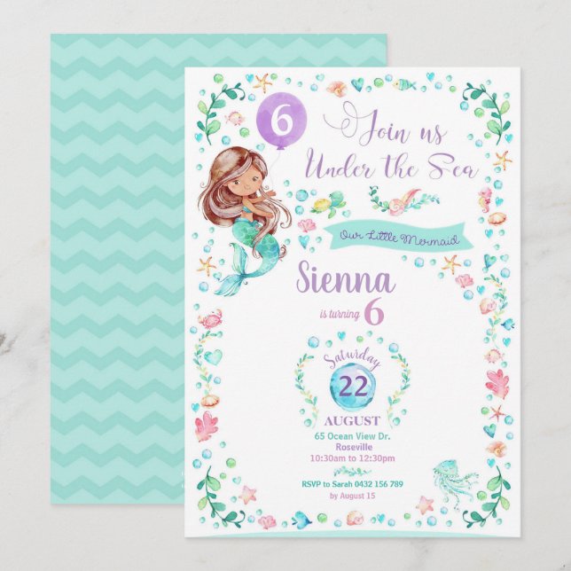 Invitación de cumpleaños de sirena Fiesta de siren (Anverso / Reverso)