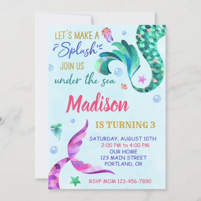 Invitación de cumpleaños de Sirena Invitación bajo (Anverso)