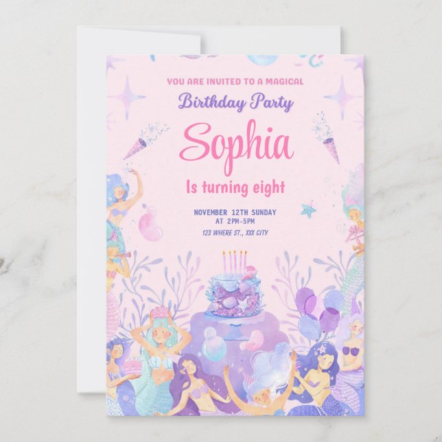 Invitación de cumpleaños de sirena juguetona rosad (Anverso)