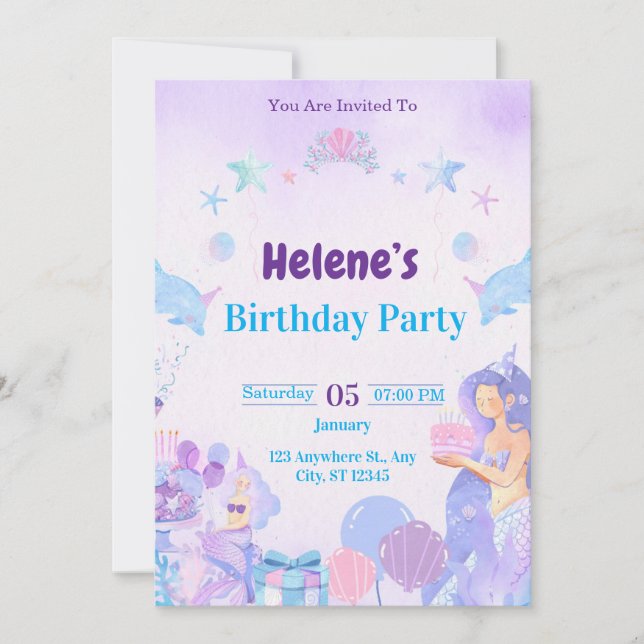 Invitación de cumpleaños de sirena linda niña (Anverso)