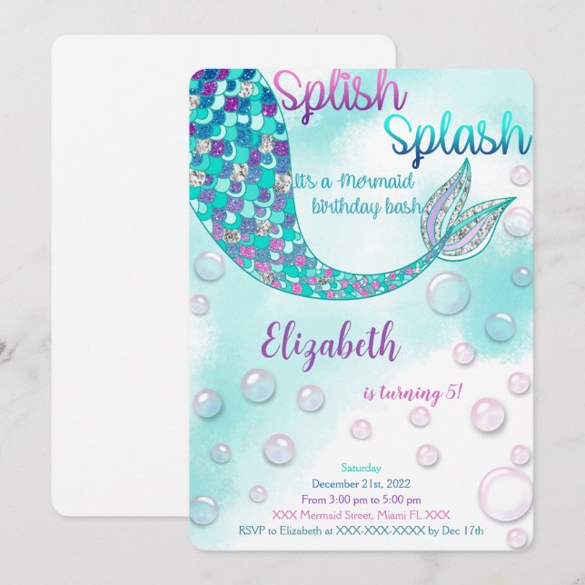Invitación de cumpleaños de sirena mágica (Anverso / Reverso)