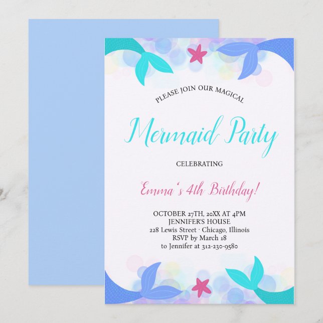 Invitación de cumpleaños de sirena mágica acuarela (Anverso / Reverso)