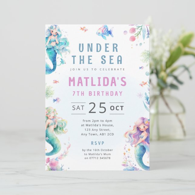 Invitación de cumpleaños de sirena mágica bajo el  (Anverso de pie)