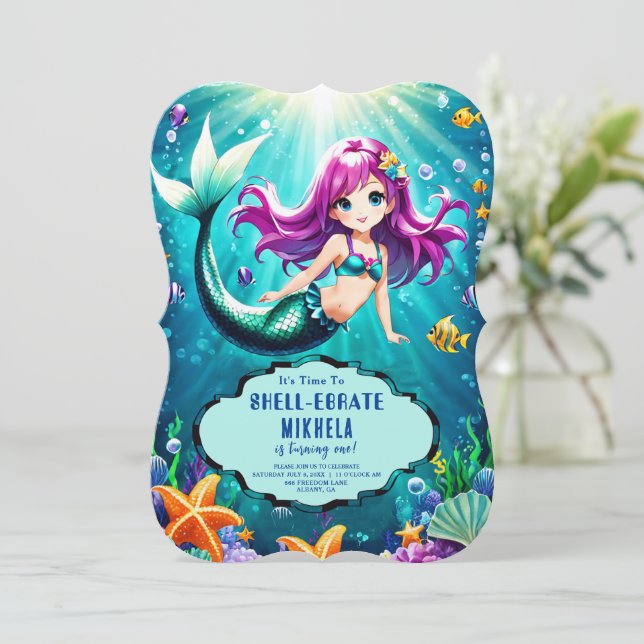 Invitación de cumpleaños de sirena mágica - Fiesta (Anverso de pie)