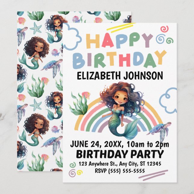 Invitación de cumpleaños de Sirena Negra en Blanco (Anverso / Reverso)