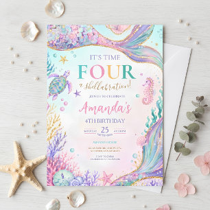 Invitación de cumpleaños de sirena niña acuarela