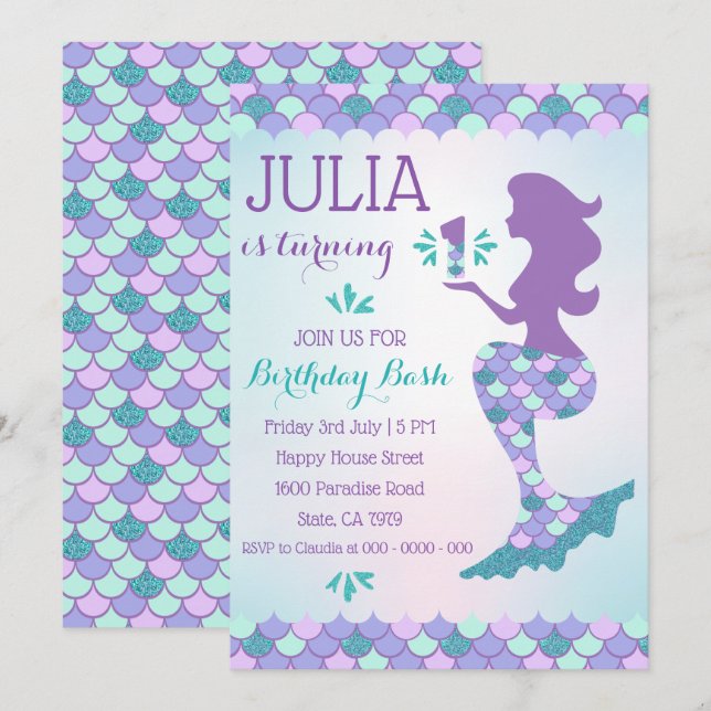 Invitación de cumpleaños de sirena número 1 (Anverso / Reverso)