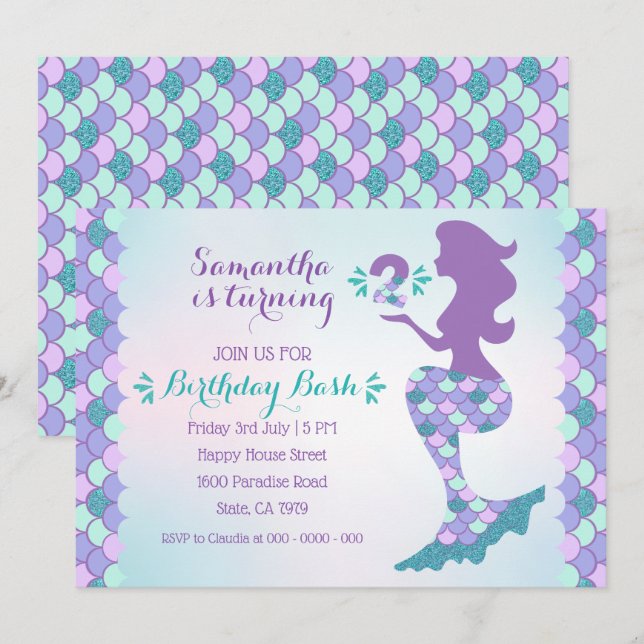 Invitación de cumpleaños de sirena número 2 (Anverso / Reverso)