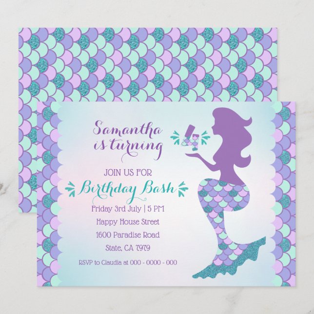 Invitación de cumpleaños de sirena número 4 (Anverso / Reverso)