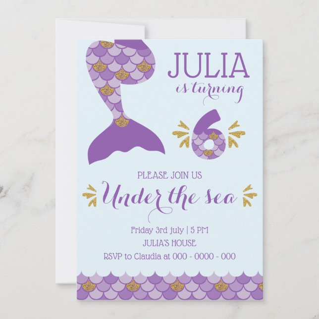 Invitación de cumpleaños de sirena número 6 (Anverso)