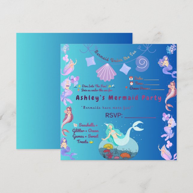 Invitación de cumpleaños de sirena personalizable  (Anverso / Reverso)
