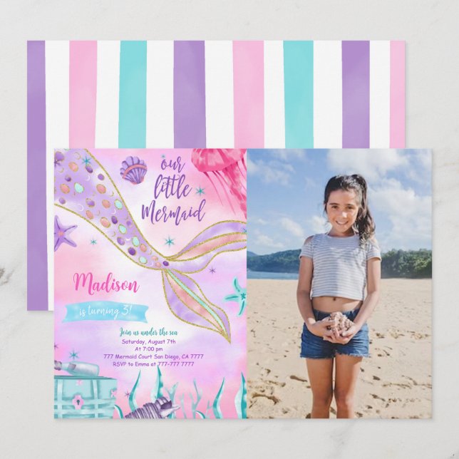 Invitación de cumpleaños de sirena púrpura con fot (Anverso / Reverso)