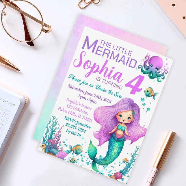 Invitación de cumpleaños de sirena púrpura rosa (Subido por el creador)