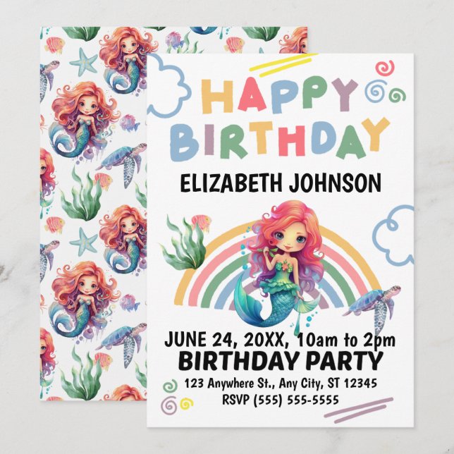 Invitación de cumpleaños de Sirena Roja (Anverso / Reverso)