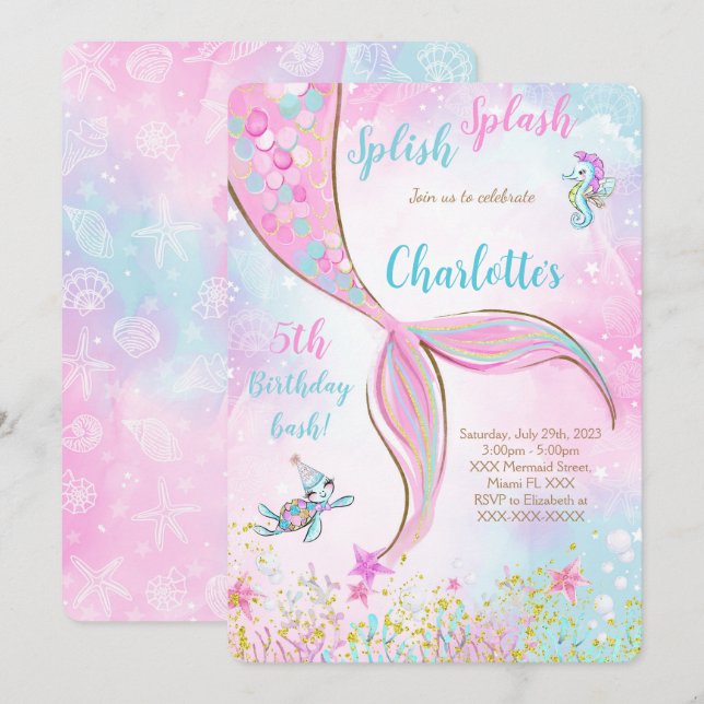 Invitación de cumpleaños de sirena rosa (Anverso / Reverso)