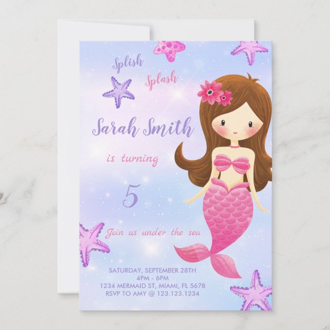 Invitación de cumpleaños de sirena rosa (Anverso)