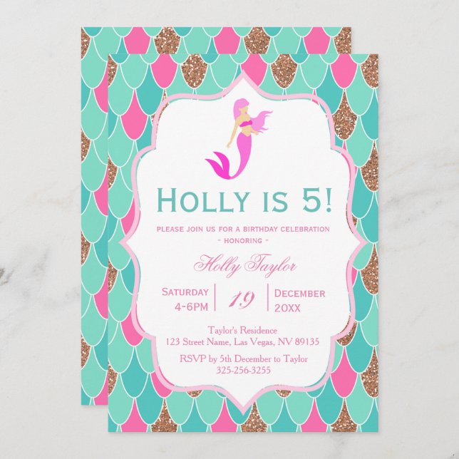 Invitación de cumpleaños de sirena rosa y Aqua (Anverso / Reverso)