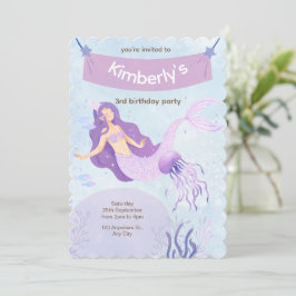Invitación de cumpleaños de sirena rosa y púrpura
