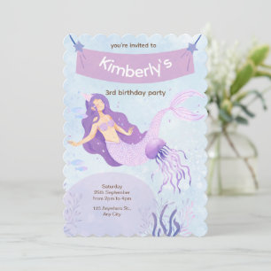 Invitación de cumpleaños de sirena rosa y púrpura