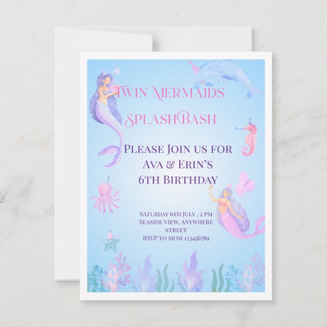 Invitación de cumpleaños de Sirena Splish Splash B (Anverso)