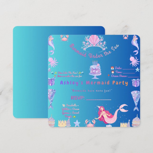 Invitación de cumpleaños de sirena: ¡sumérgete en  (Anverso / Reverso)