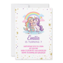 Invitación de cumpleaños de sirena unicornio con e