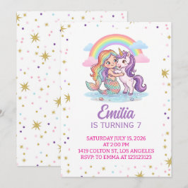 Invitación de cumpleaños de sirena unicornio con e