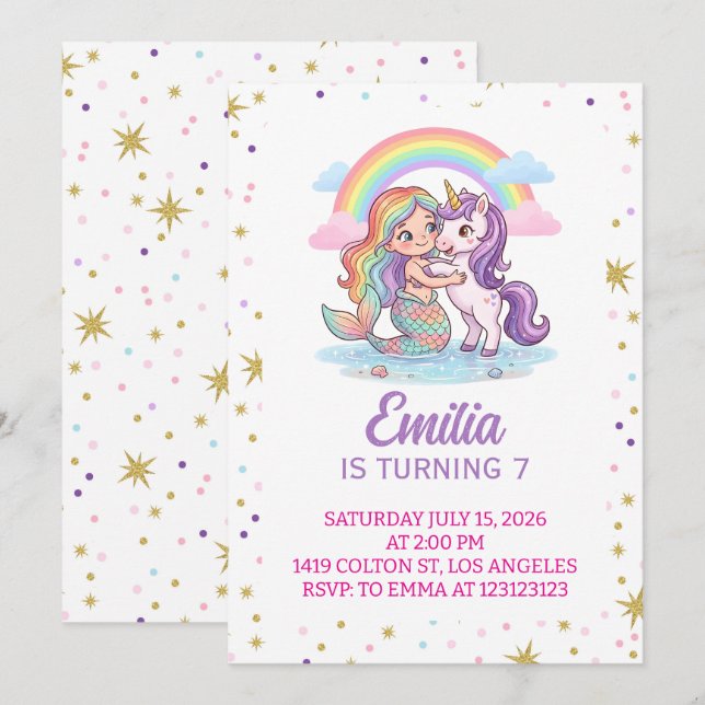 Invitación de cumpleaños de sirena unicornio con e (Anverso / Reverso)