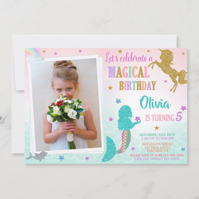Invitación de cumpleaños de sirena unicornio con f (Anverso)