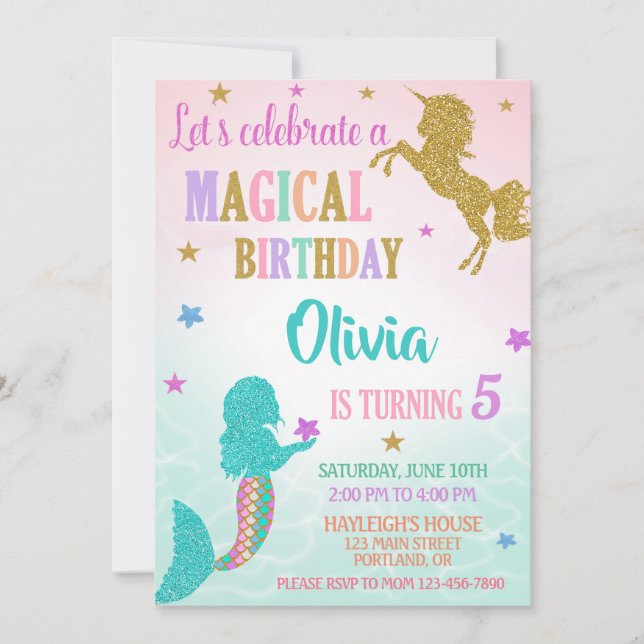 Invitación de cumpleaños de sirena unicornio fiest (Anverso)