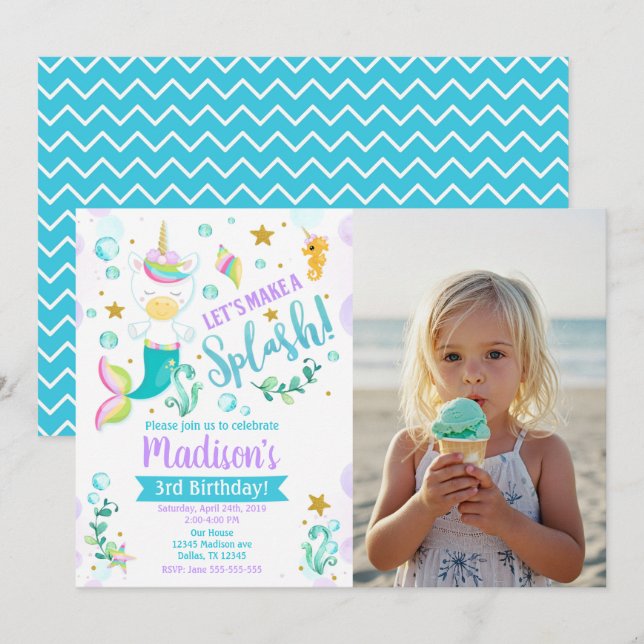 Invitación de cumpleaños de sirena unicornio Mermi (Anverso / Reverso)