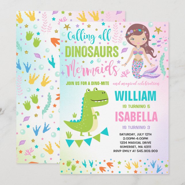 Invitación de cumpleaños de sirena y dinosaurio má (Anverso / Reverso)