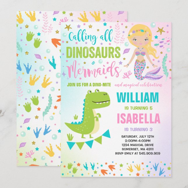 Invitación de cumpleaños de sirena y dinosaurio má (Anverso / Reverso)