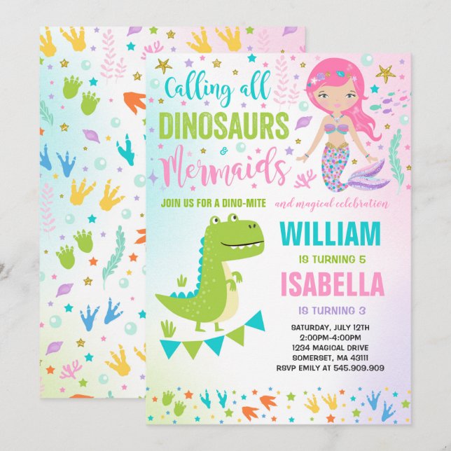 Invitación de cumpleaños de sirena y dinosaurio má (Anverso / Reverso)