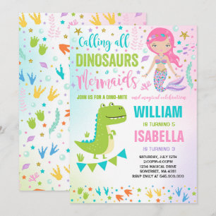 Invitación de cumpleaños de sirena y dinosaurio má