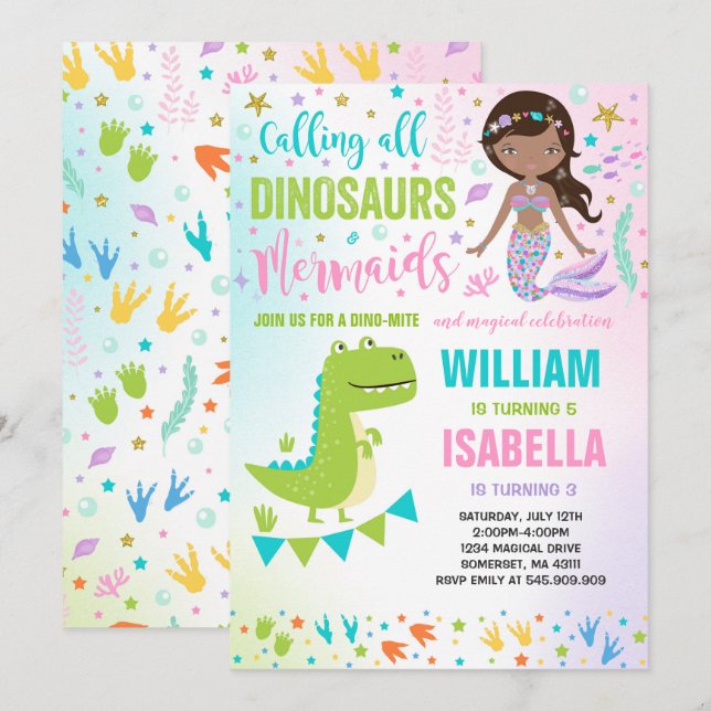 Invitación de cumpleaños de sirena y dinosaurio má (Anverso / Reverso)