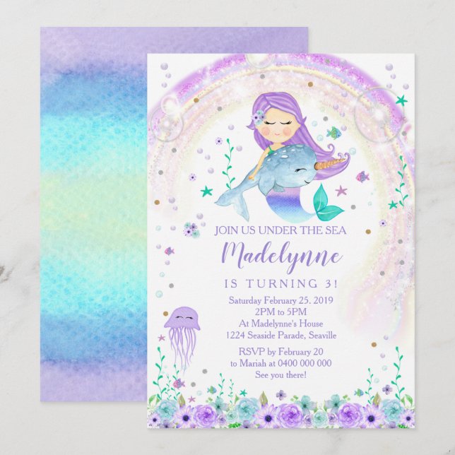 Invitación de cumpleaños de Sirena y Narwhal (Anverso / Reverso)