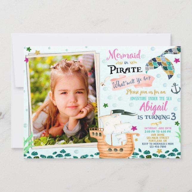 Invitación de cumpleaños de Sirena y Pirata (Anverso)