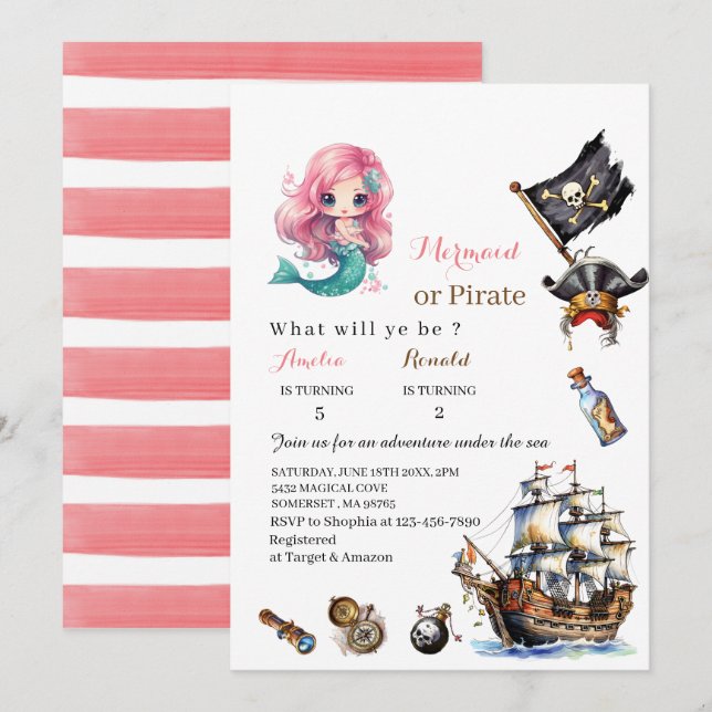 Invitación de cumpleaños de sirena y pirata acuare (Anverso / Reverso)