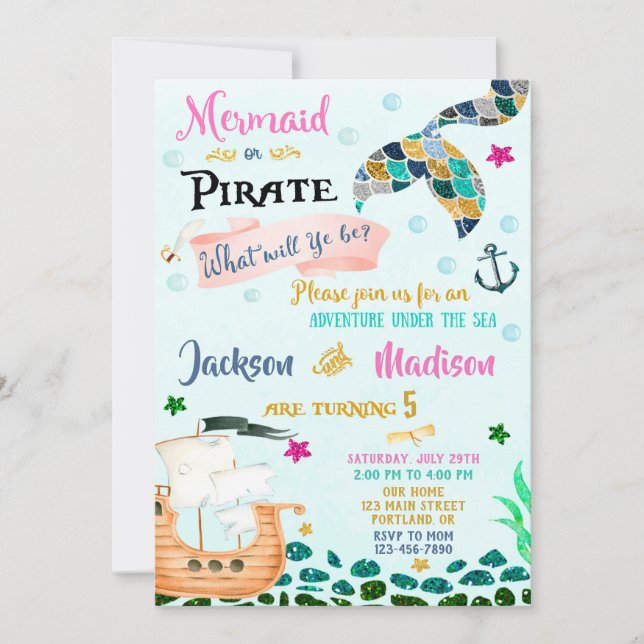Invitación de cumpleaños de Sirena y Pirata Niño C (Anverso)