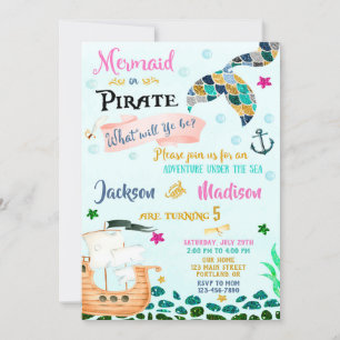 Invitación de cumpleaños de Sirena y Pirata Niño C