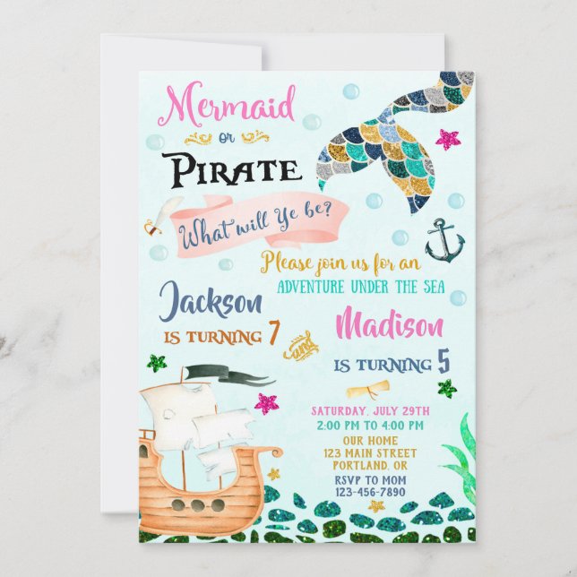 Invitación de cumpleaños de Sirena y Pirata Niño C (Anverso)