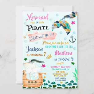 Invitación de cumpleaños de Sirena y Pirata Niño C