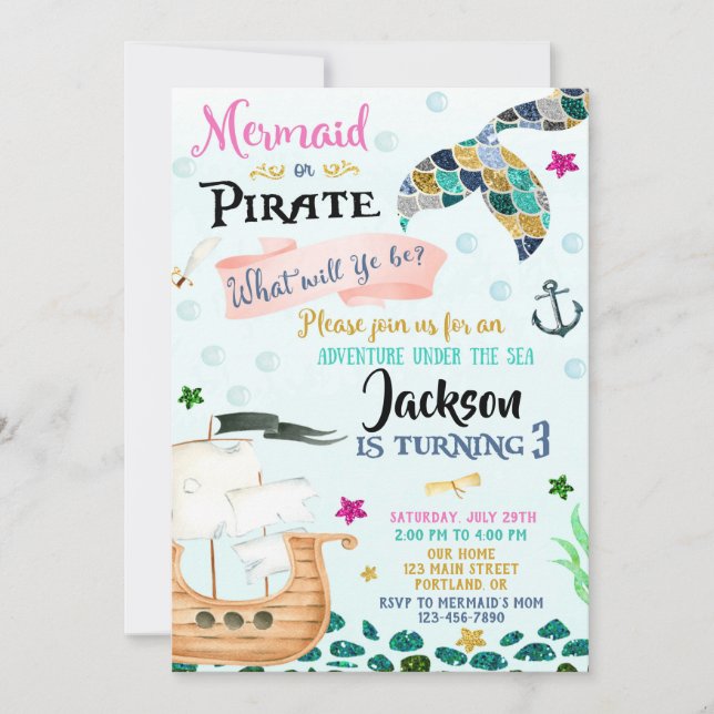Invitación de cumpleaños de Sirena y Pirata Niño C (Anverso)