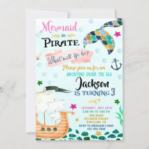 Invitación de cumpleaños de Sirena y Pirata Niño C